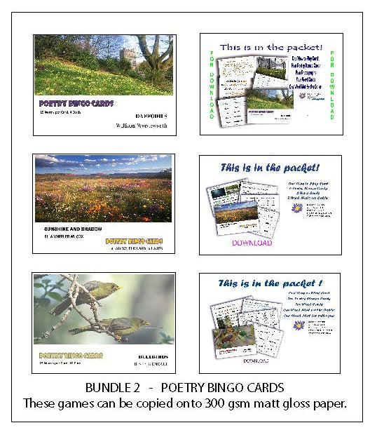 A Label for Bundle 2 Poetry Bingo Cards which contains games using poems by Wordsworth - Wheeler Wilcox- Kendall
