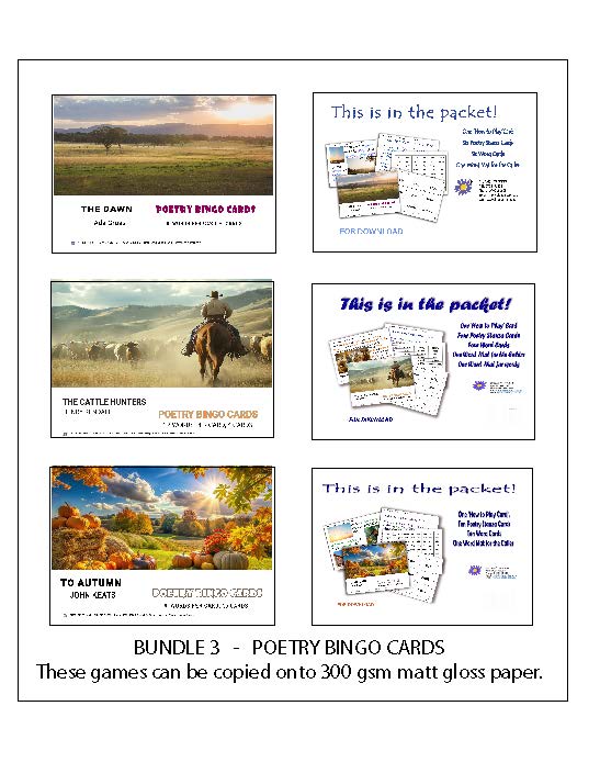 Bundle 3  Poetry Bingo Cards  -  Poems by  Kendall, Cross, Keats  -  Digital Download