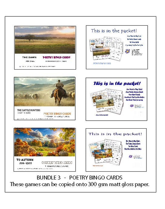 Bundle 3  Poetry Bingo Cards  -  Poems by  Kendall, Cross, Keats  -  Digital Download