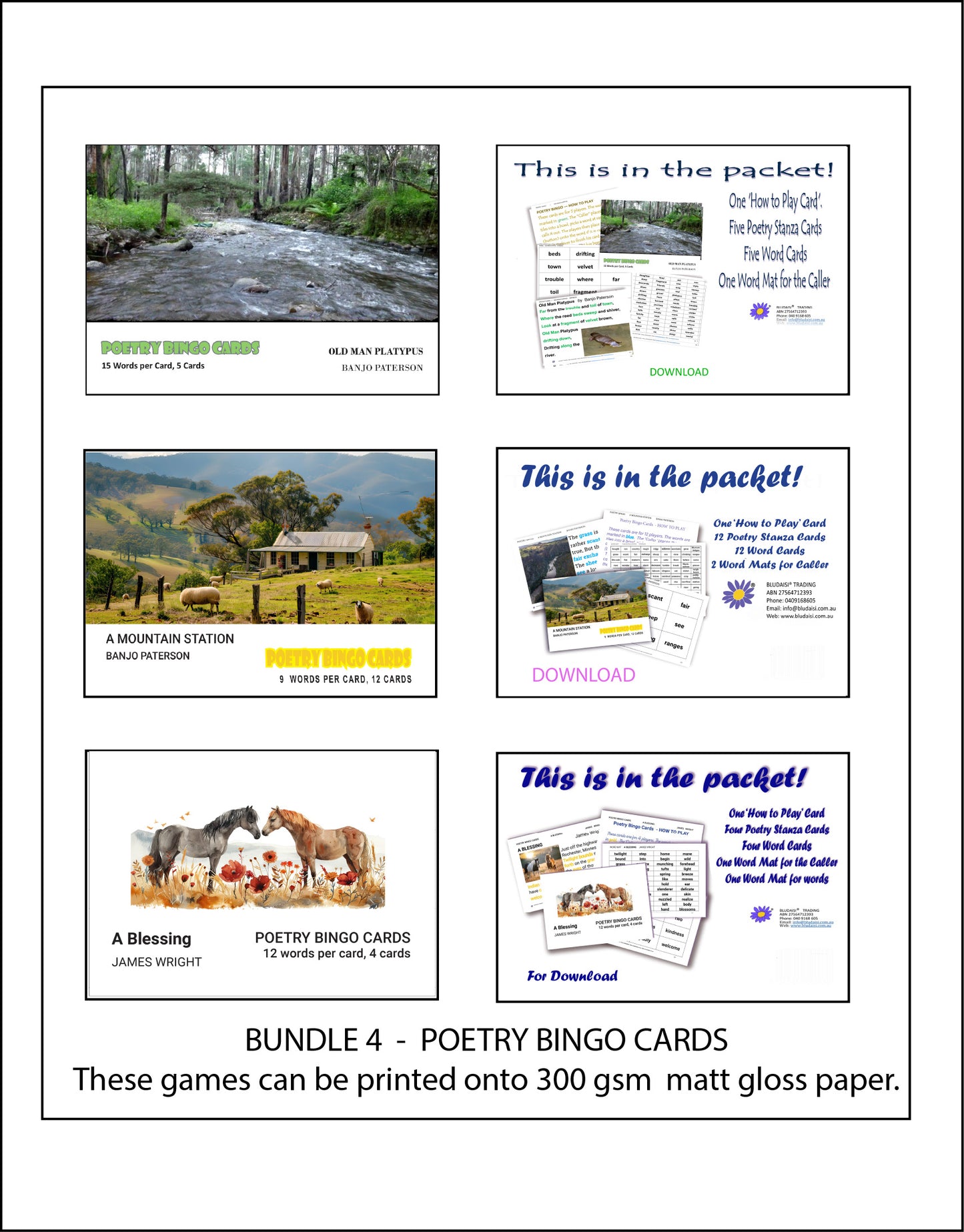 Bundle 4  - Poetry Bingo Cards - with Poems by Paterson, Paterson, Wright   -  Digital Download